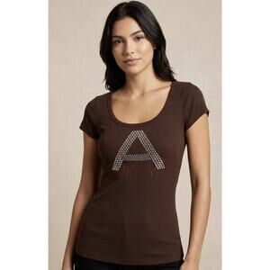 Armani Exchange Y2K Brown Ribbed Top – Rhinestone Logo – Size XS-S (Stretch)